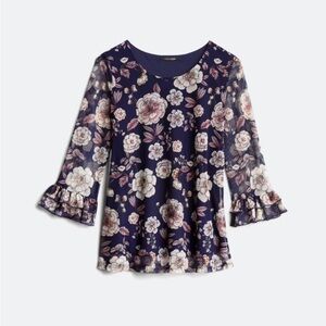 PAPERMOON Helga Ruffle Sleeve Detail Knit Top Plus Size 2X Navy Pink Mesh Floral